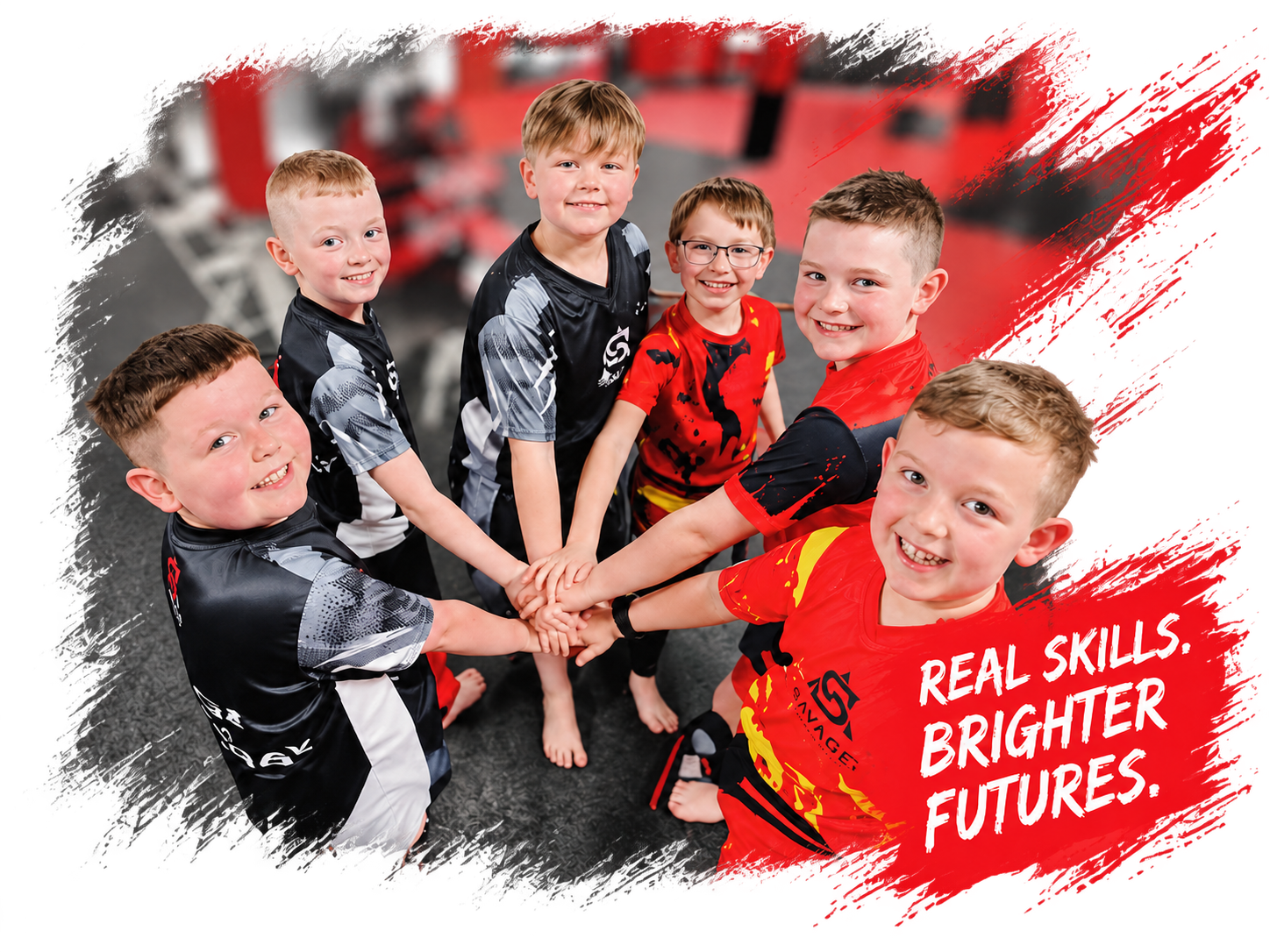 Savage children team hands in